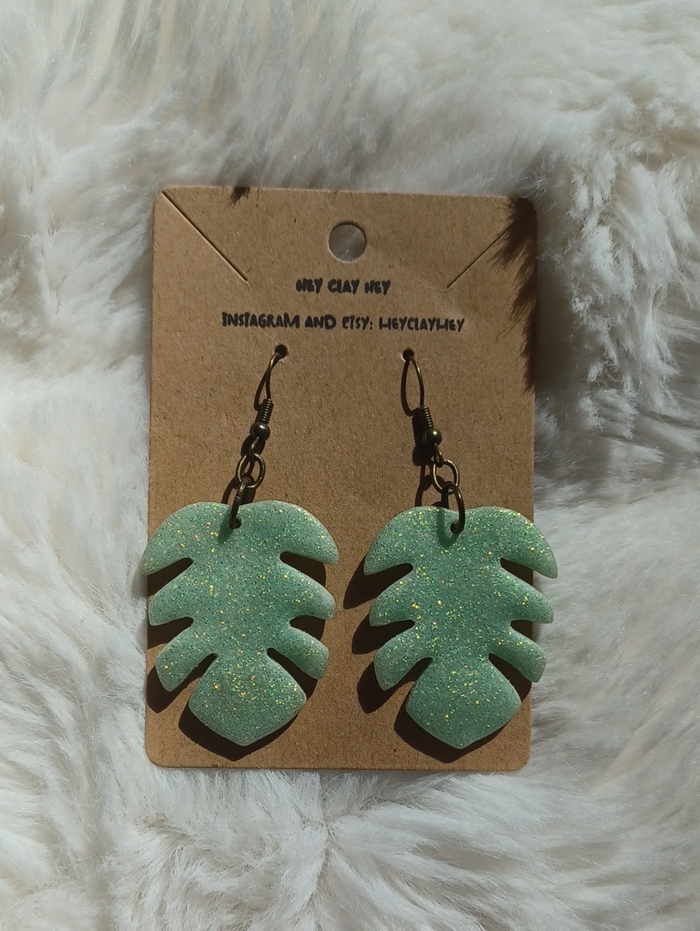 Hand Crafted Mint Green Glitter Monstera Leaf Earrings